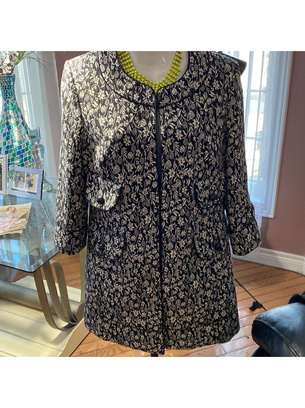 MARIO Serrani Italy Long Floral Print collarless Cardigan Size 8 - Picture 2 of 16